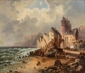 Jan Michiel Ruyten (Anversa, 1813 - 1881), attr., Scena portuale con barche da pesca sulla spiaggia